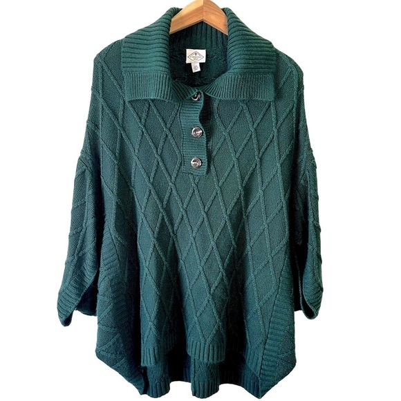 St. Johns Bay Dark Forest Green Cable Knit Sweater Poncho Size L - Picture 2 of 8